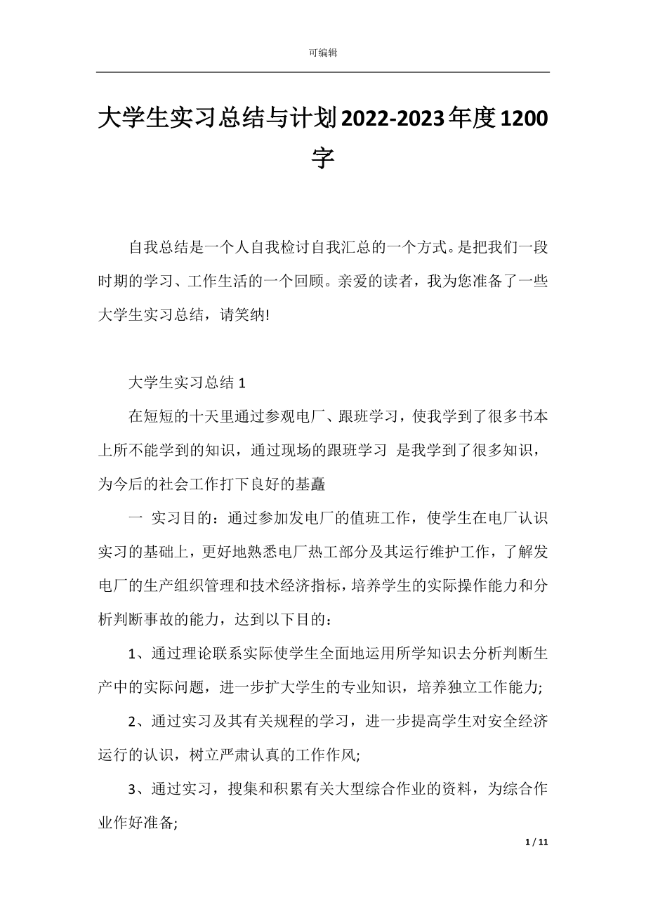 大学生实习总结与计划2022-2023年度1200字.docx_第1页