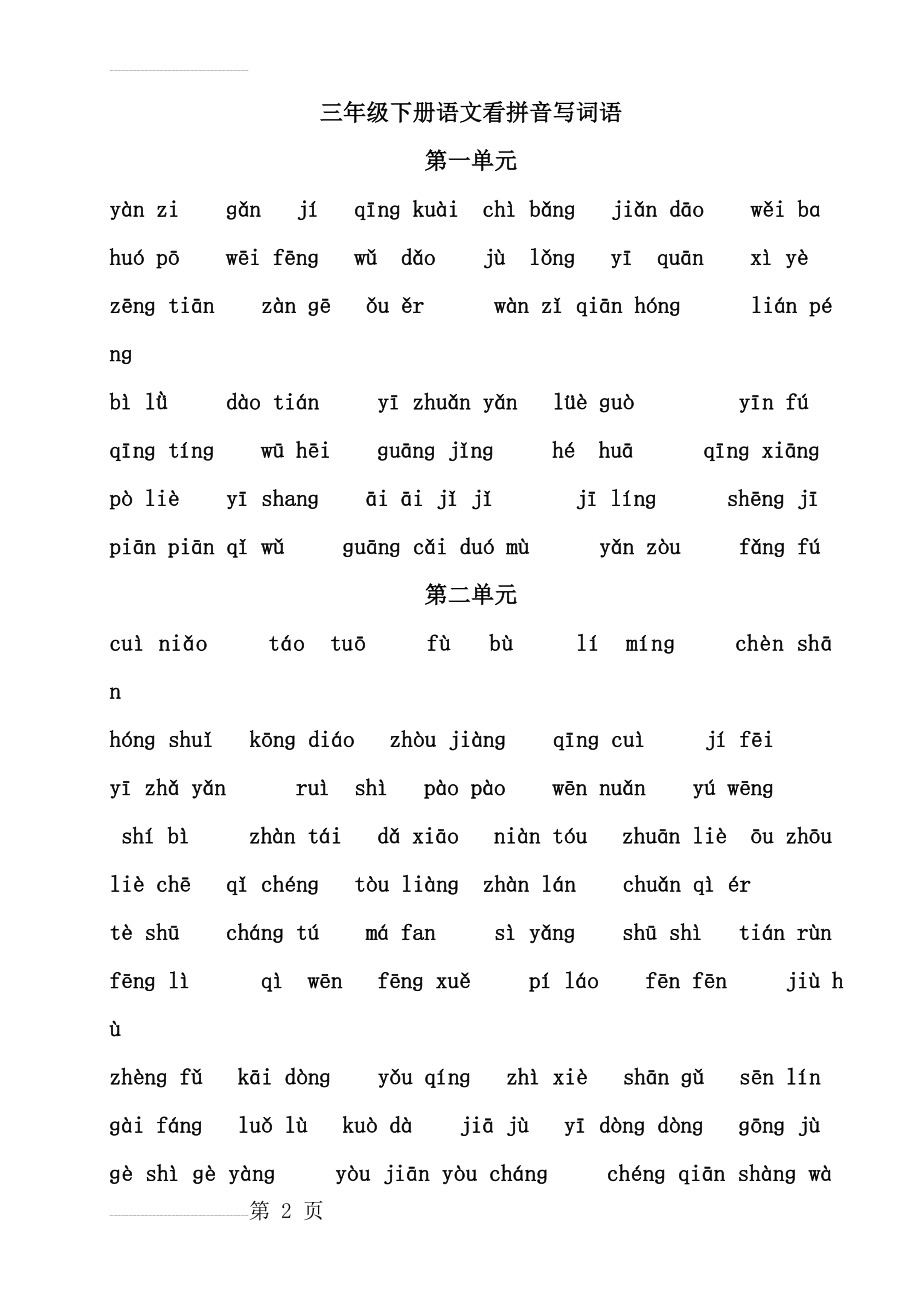 人教版三年级下册语文第一到八单元看拼音写词语(带田字格)(6页).doc_第2页