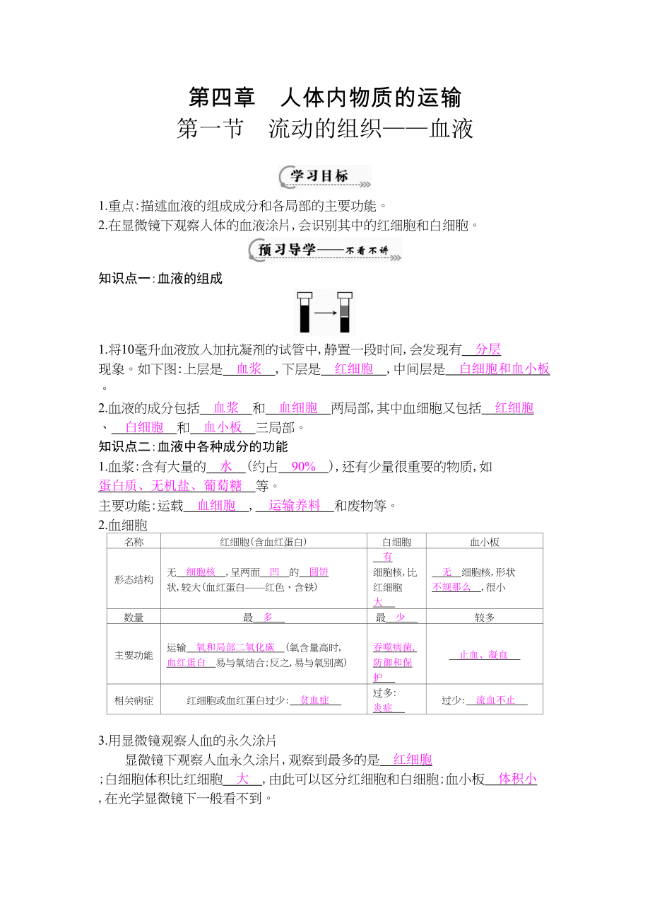 医学专题一《流动的组织——血液》导学案[1].docx_第1页