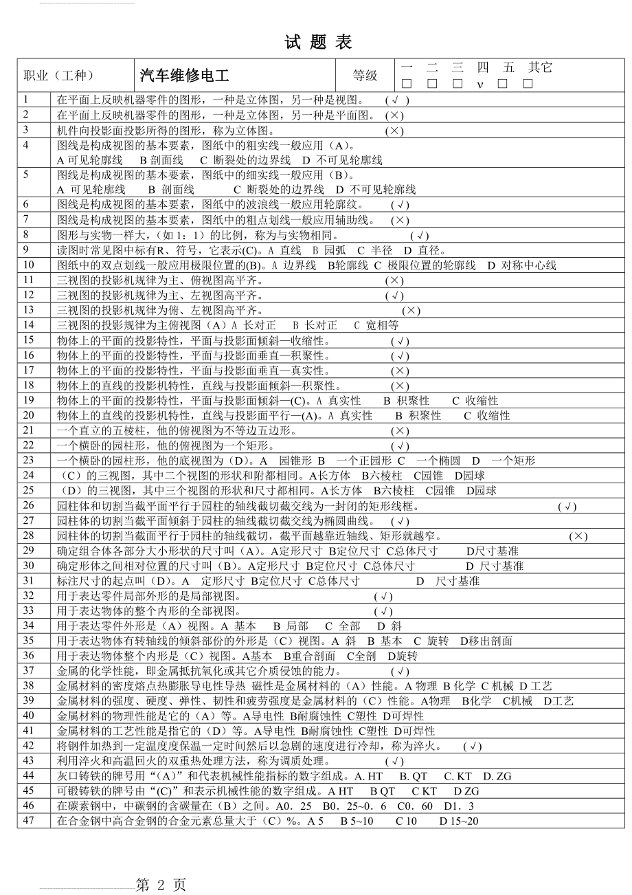 中级汽车维修电工试题库(33页).doc_第2页