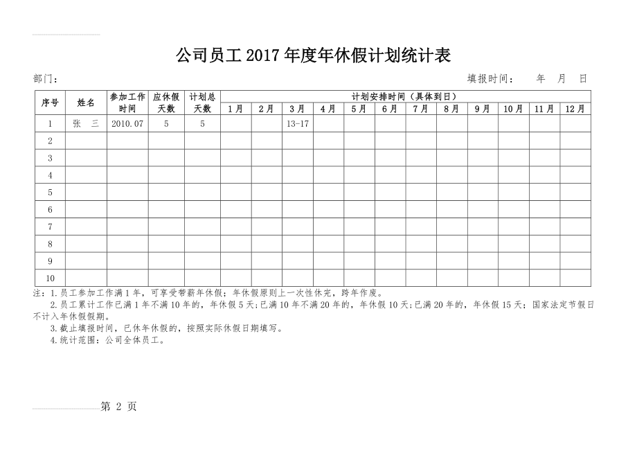 公司员工2017年度年休假计划统计表(2页).doc_第2页