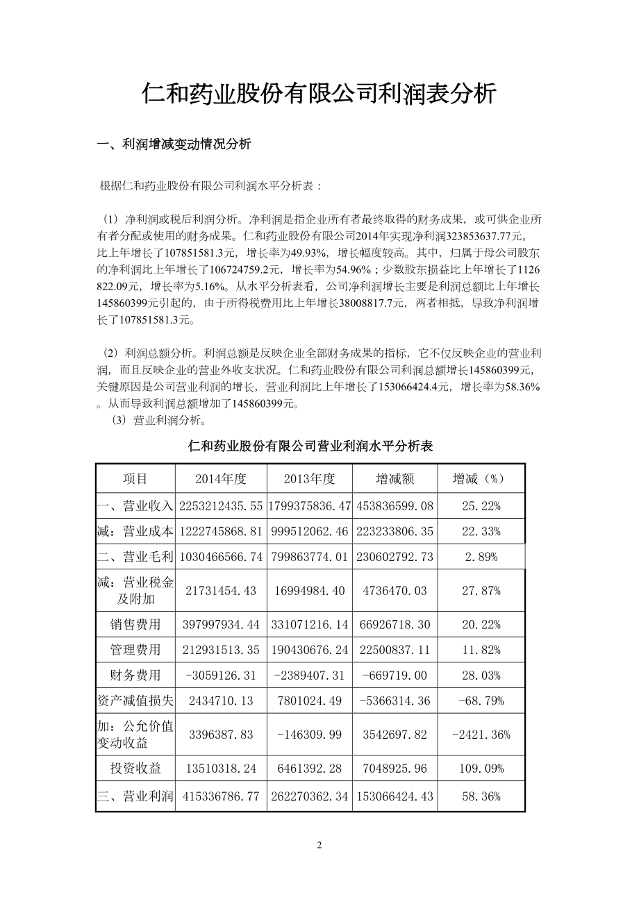 医学专题一仁和药业股份有限公司利润表分析概要.docx_第2页