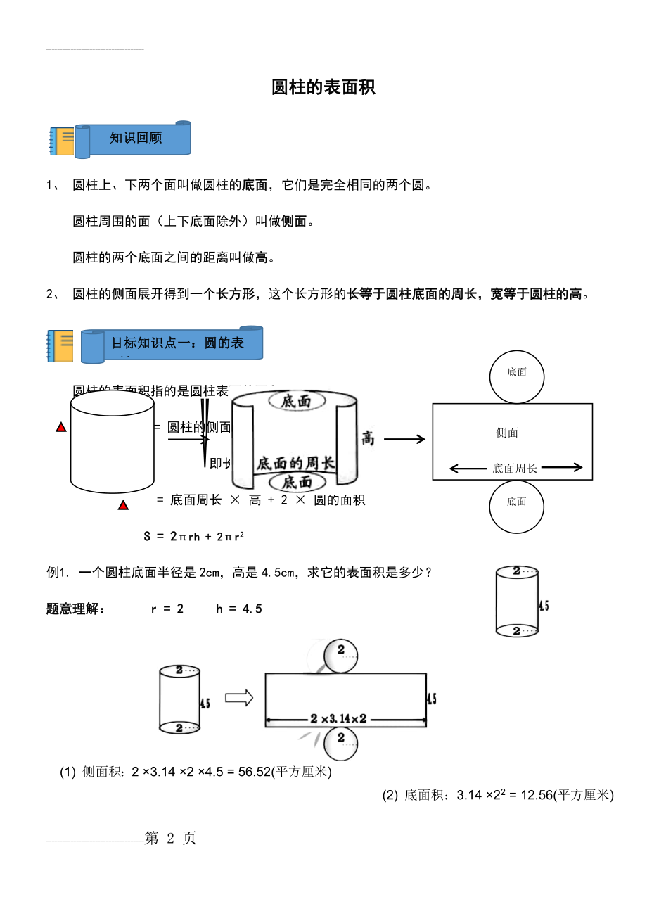 人教版六年级下册圆柱地表面积知识点总结材料及练习题(7页).doc_第2页