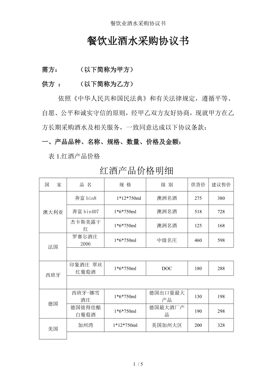 餐饮业酒水采购协议书.doc_第1页