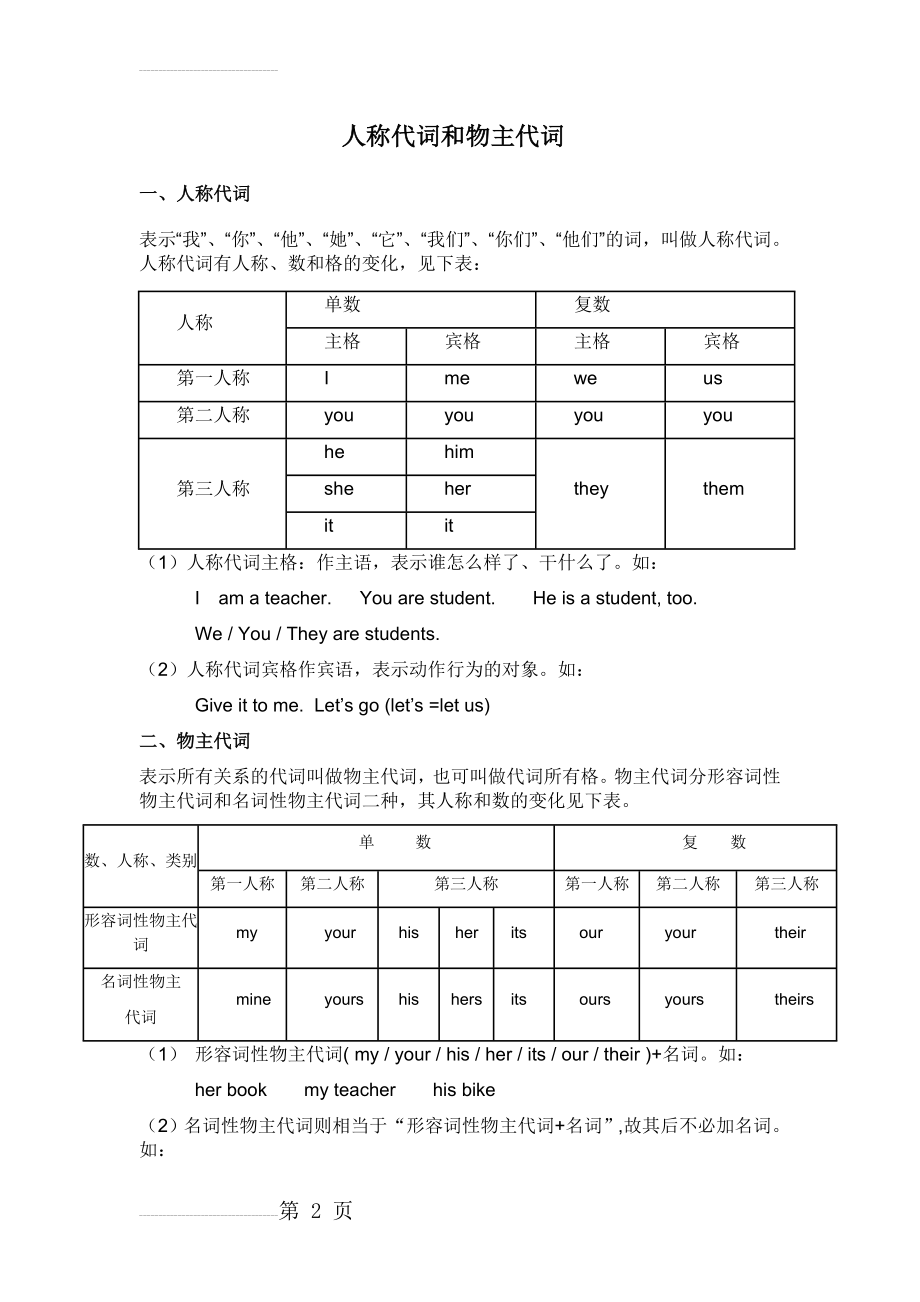 七年级英语人称代词和物主代词及练习题(7页).doc_第2页