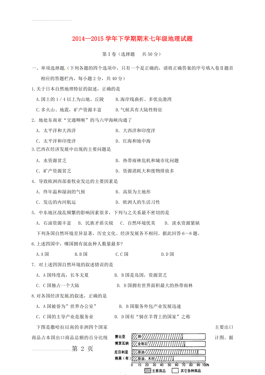 七年级地理下学期期末考试试题 新人教版(8页).doc_第2页