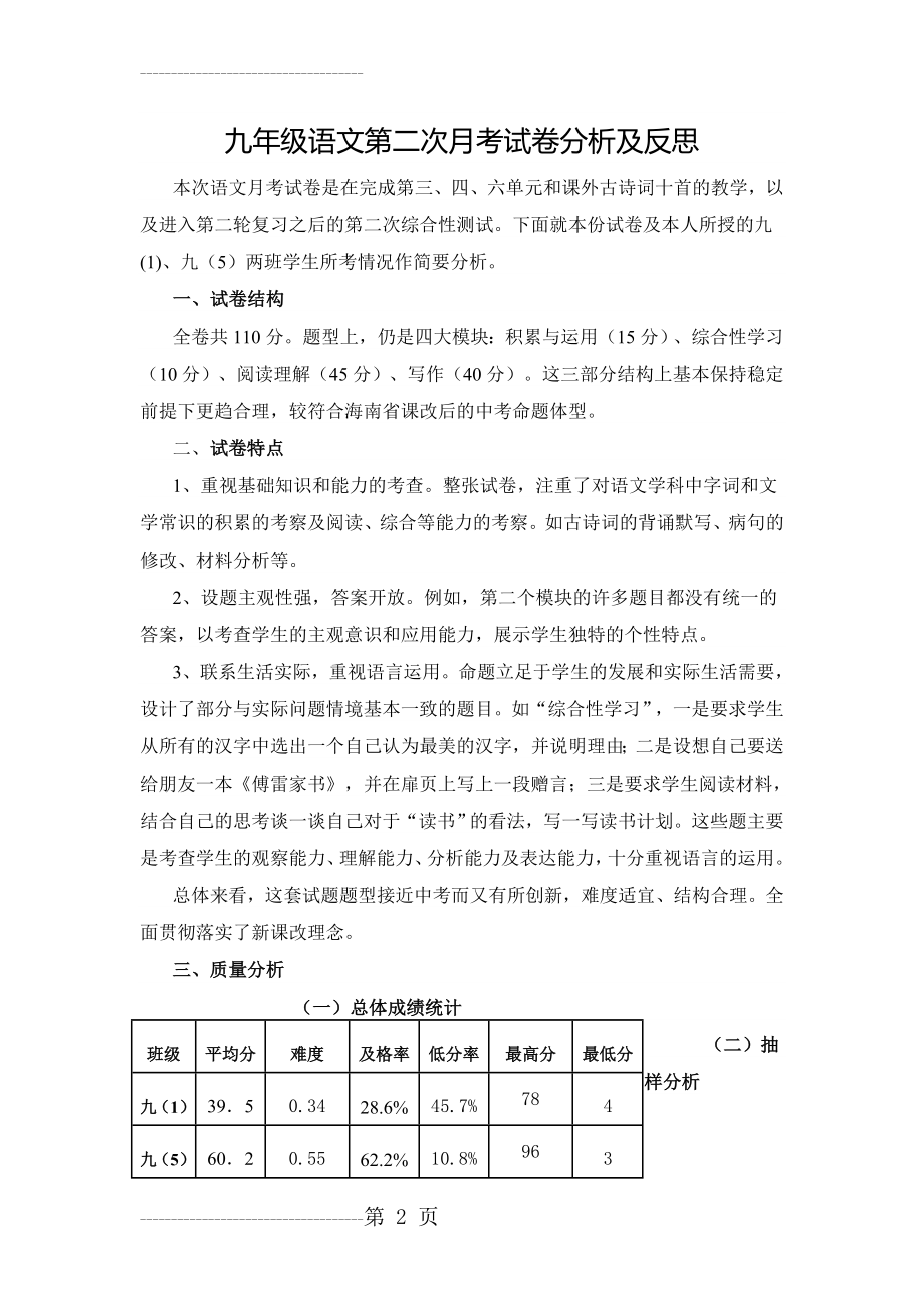 九年级语文第二次月考试卷分析及反思(6页).doc_第2页