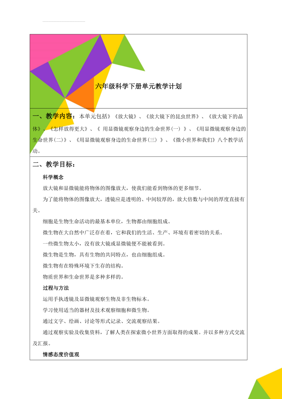 六年级科学下册单元教学计划(10页).doc_第1页