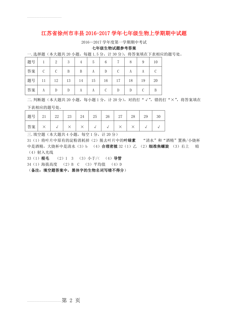 七年级生物上学期期中试题（扫描版） 苏教版(2页).doc_第2页