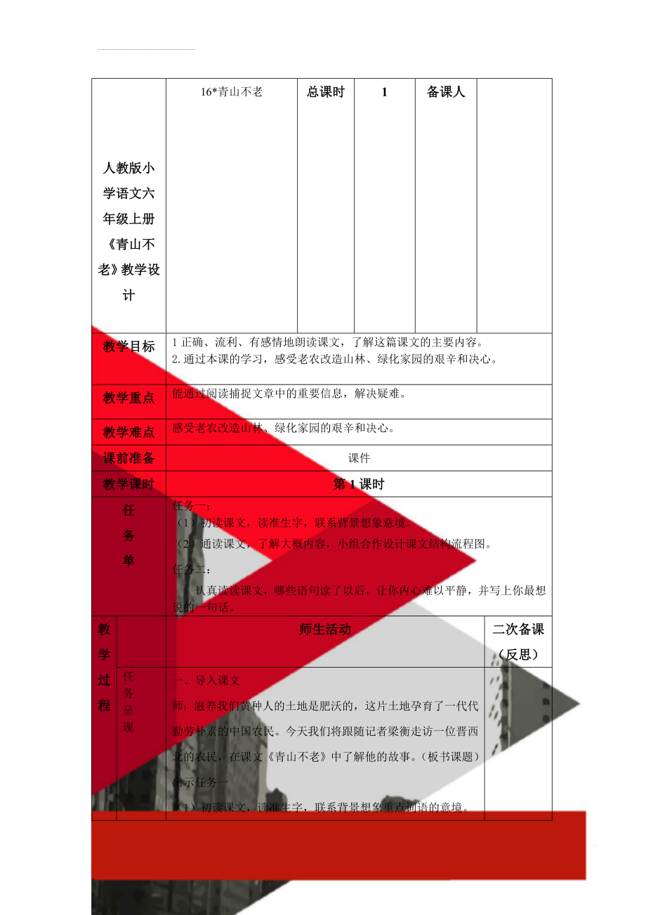 人教版小学语文六年级上册《青山不老》教学设计(6页).doc_第1页