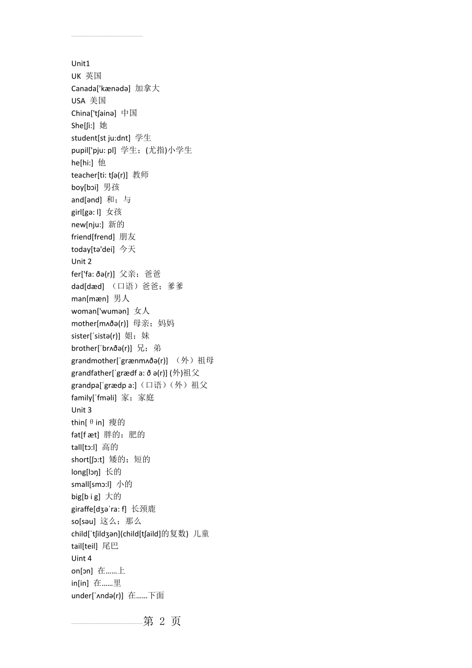 人教新版PEP小学英语三年级下册单元词汇表69549(3页).doc_第2页