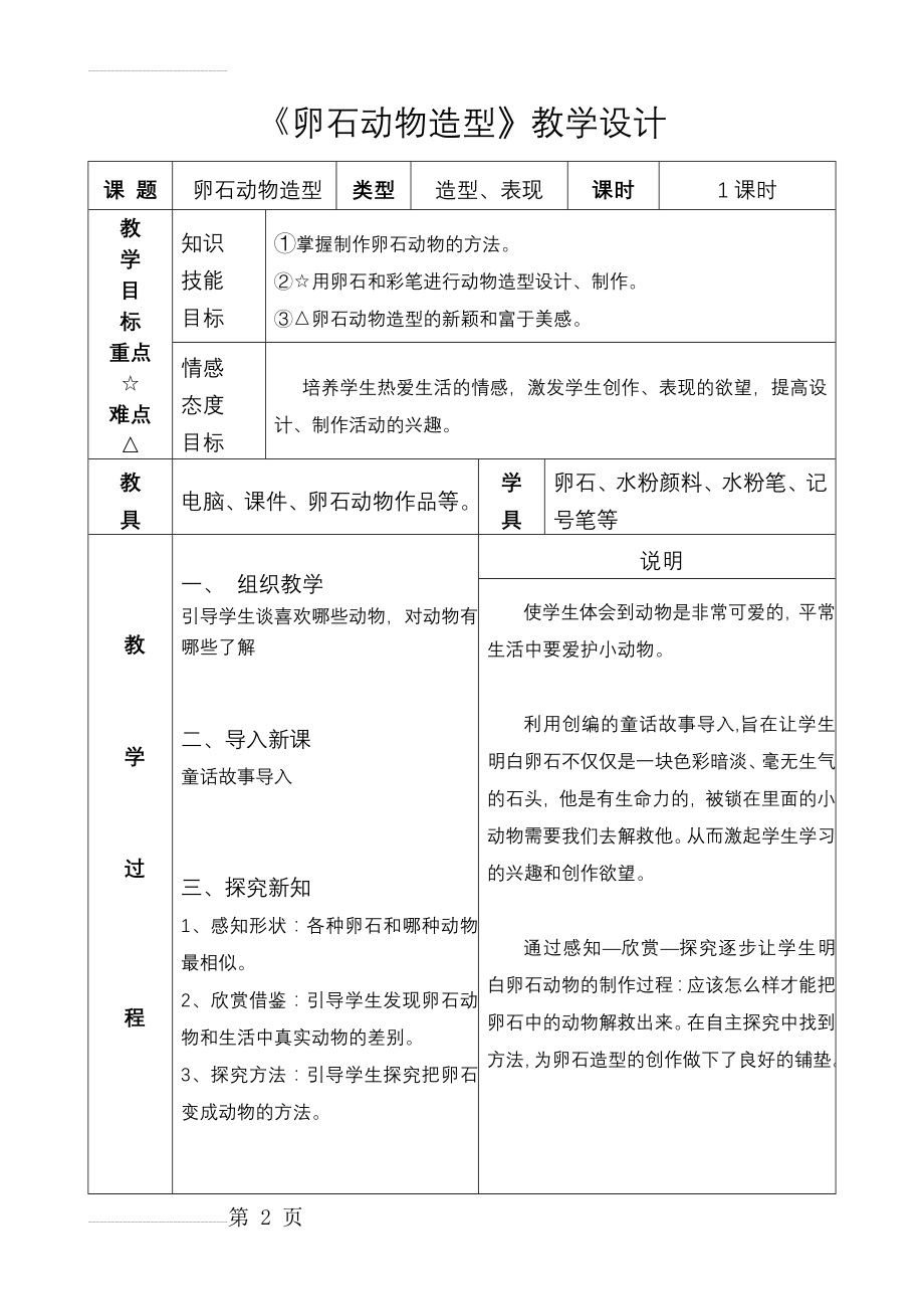 人美版小学三年级美术下册《卵石动物造型》教学设计(3页).doc_第2页