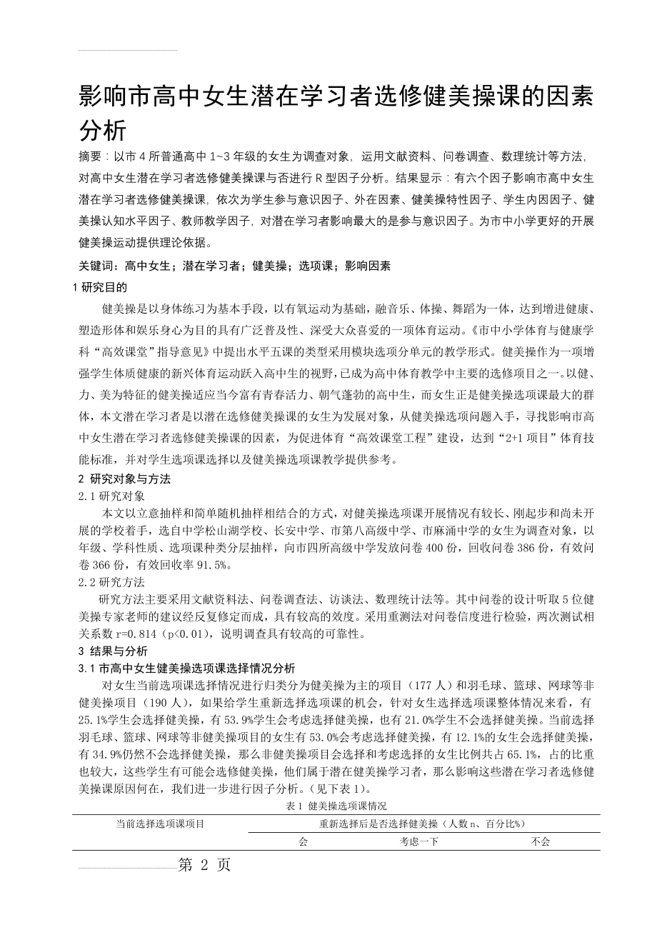 体育教学论文：影响市高中女生潜在学习者选修健美操课的因素分析(6页).doc_第2页