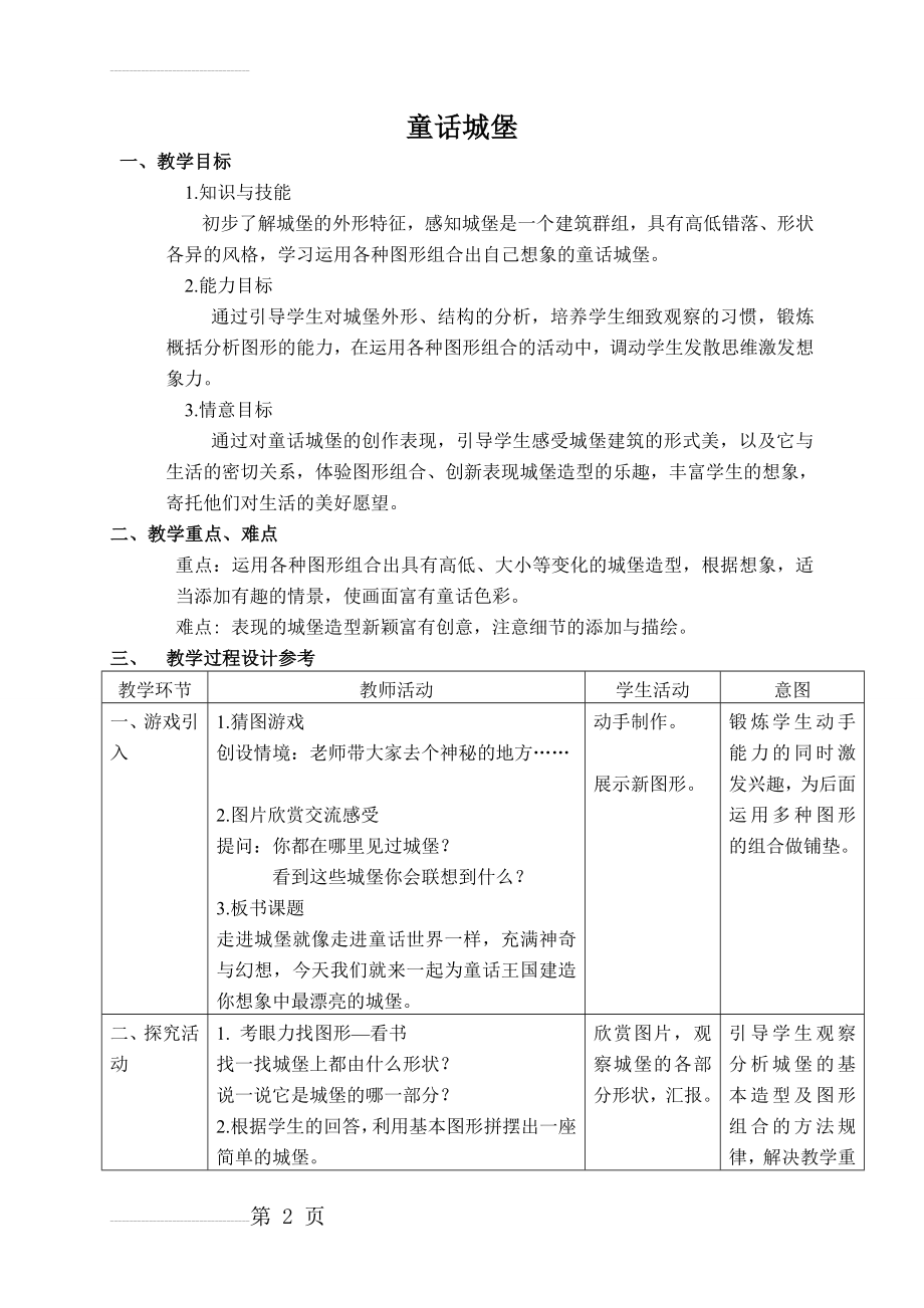 人美版小学一年级美术下册《童话城堡》教学设计--(4页).doc_第2页