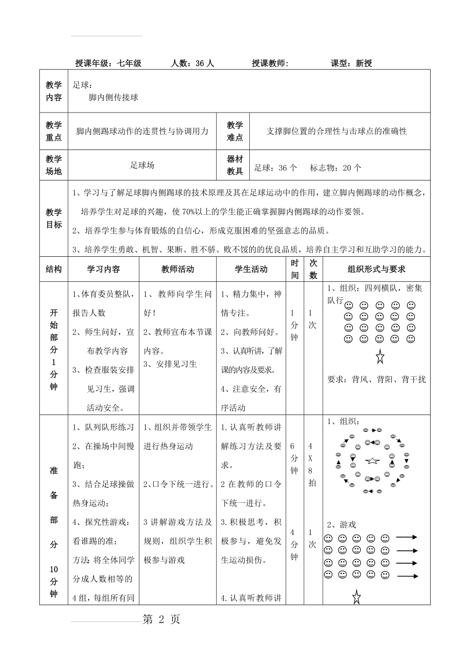 七年级体育《足球脚内侧传接球》教学设计(6页).doc_第2页