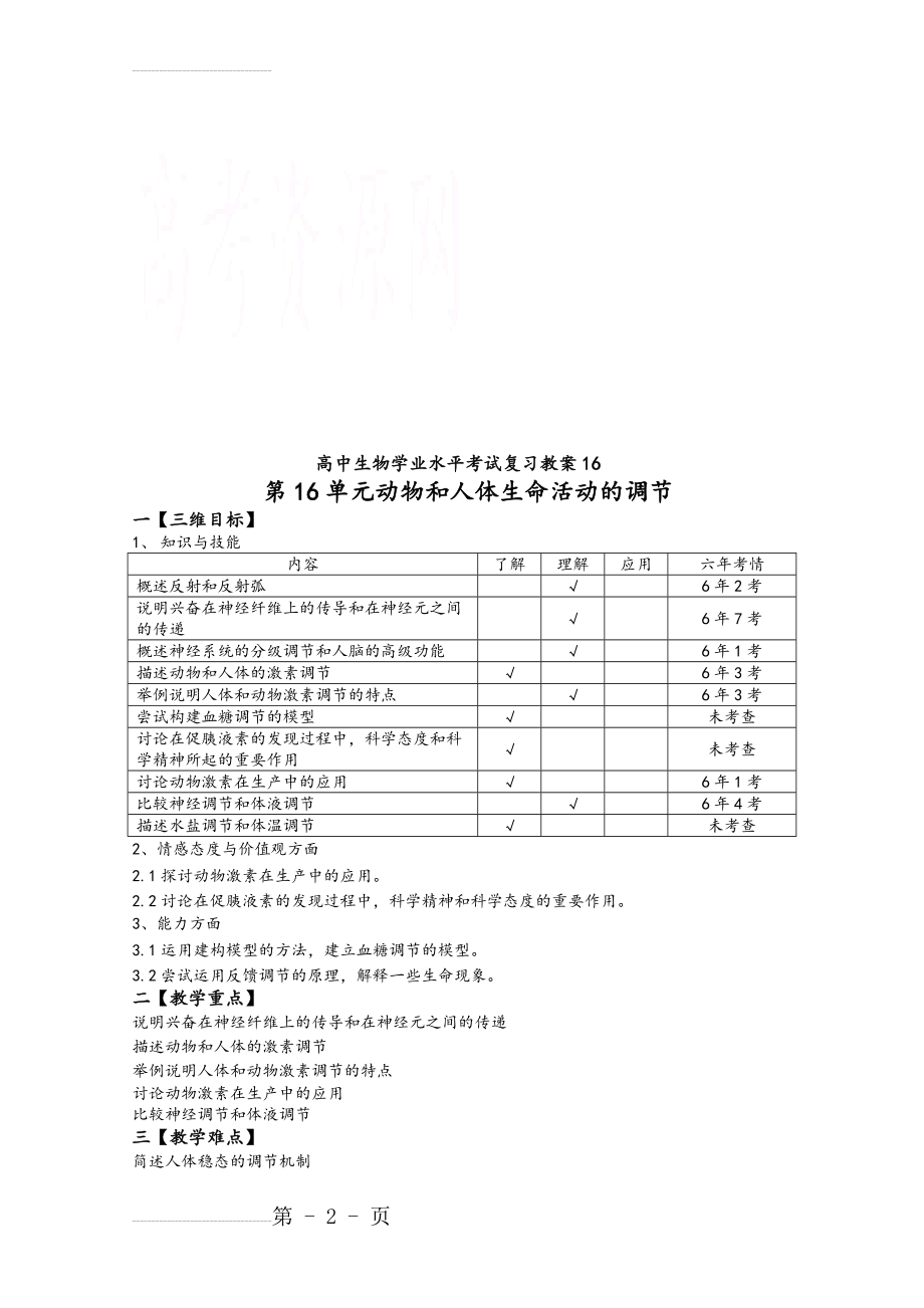 人教版高中生物学业水平考试复习教案_第16单元动物和人体生命活动的调节(6页).doc_第2页