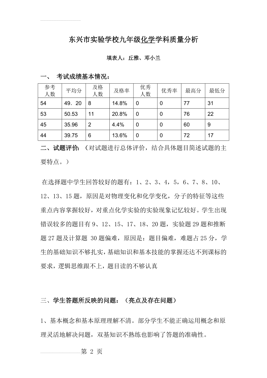 九年级化学第一次模拟考试质量分析表(4页).doc_第2页