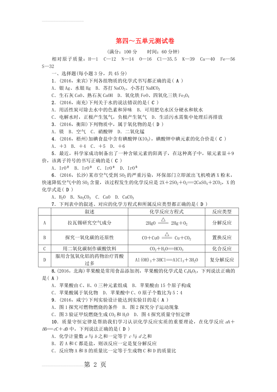 中考化学总复习 第三篇 第4-5单元测试卷1(6页).doc_第2页