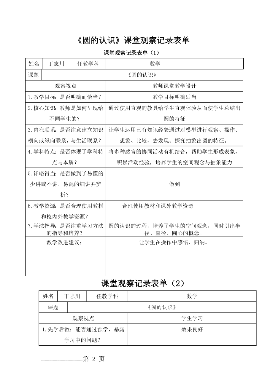 人教版小学数学六年级上册《圆的认识》观课报告(3页).doc_第2页