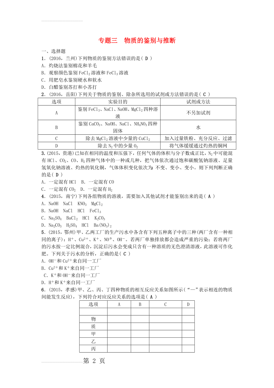 中考化学 第2篇 专题三 物质的鉴别与推断试题1(5页).doc_第2页