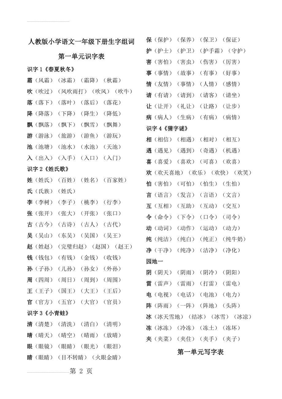 人教版小学语文一年级下册生字组词(13页).doc_第2页