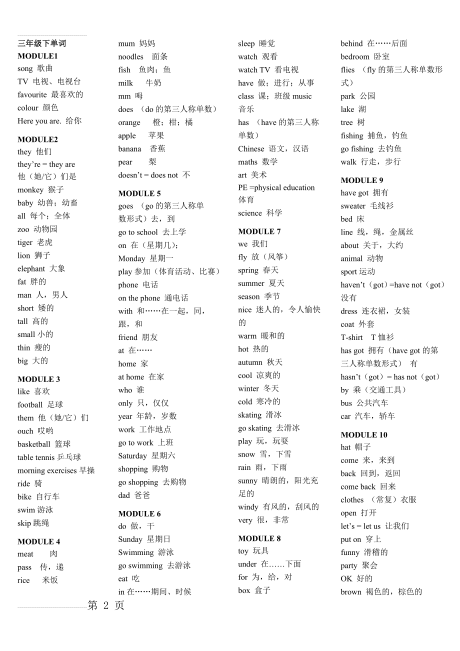 最新外研版英语三起点三年级下册单词(含中英互译复习)(5页).doc_第2页