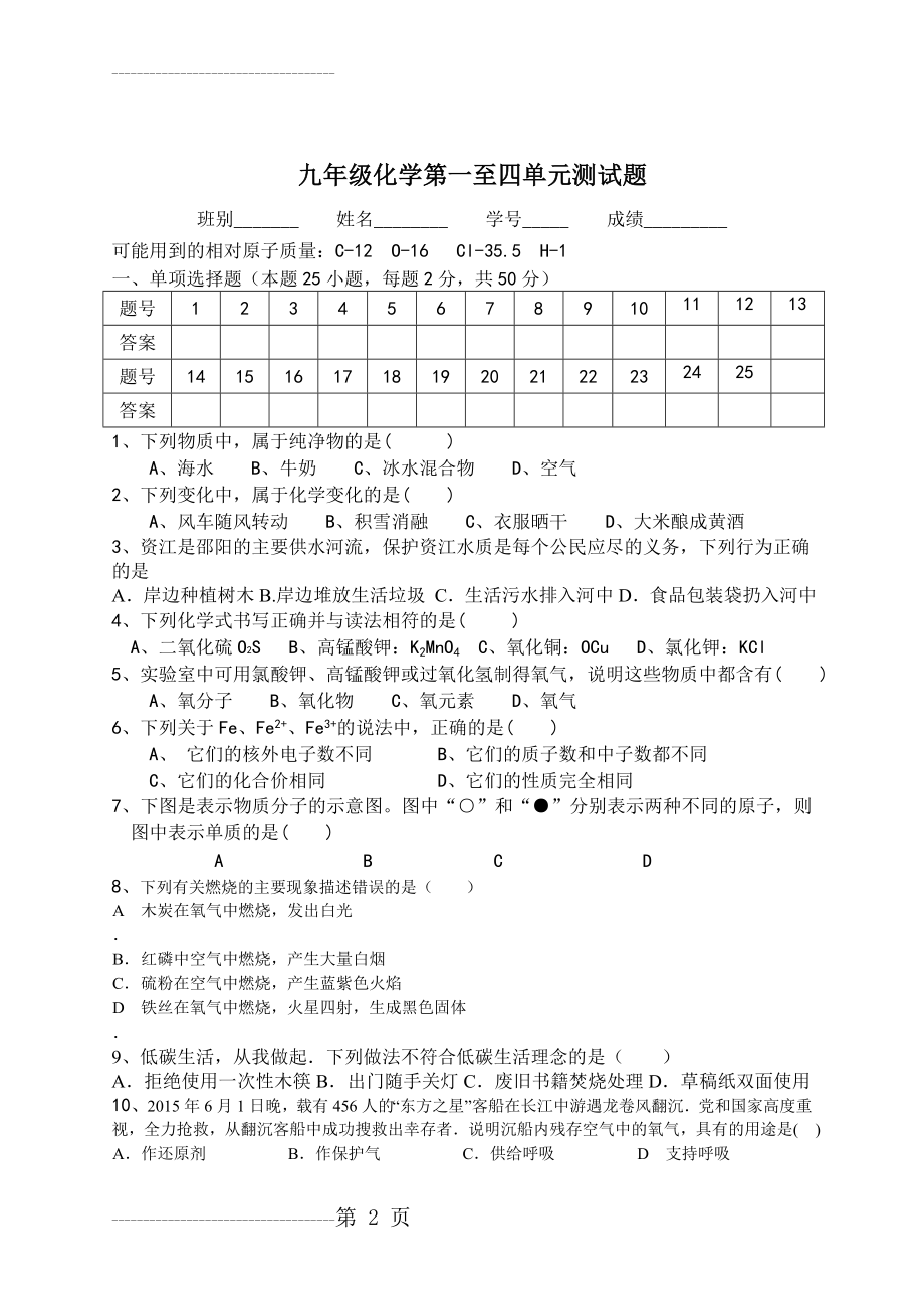 九年级化学第一至四单元测试题及答案 - 副本(5页).doc_第2页