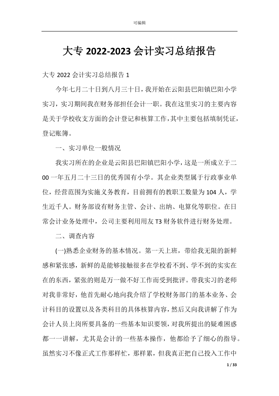 大专2022-2023会计实习总结报告.docx_第1页