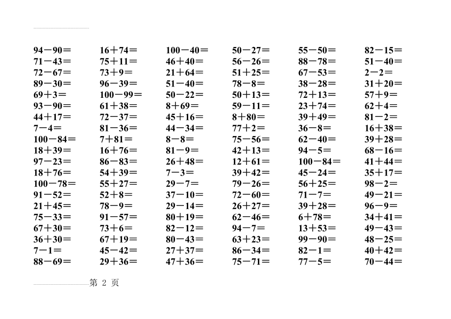 人教版小学数学一年级100以内加减法练习题口算卡全套(12页).doc_第2页