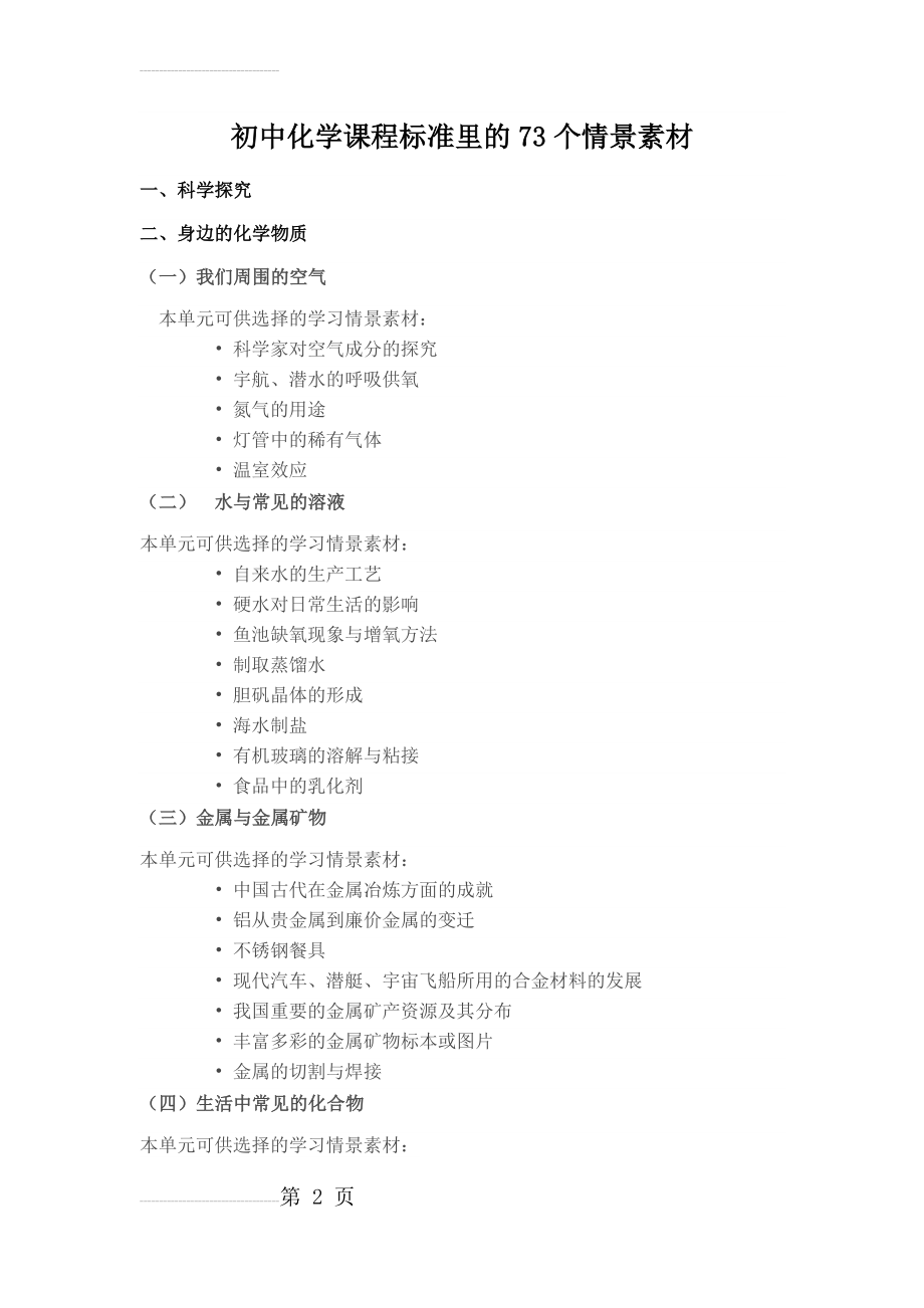 初中化学课程标准里的73个情景素材(5页).doc_第2页