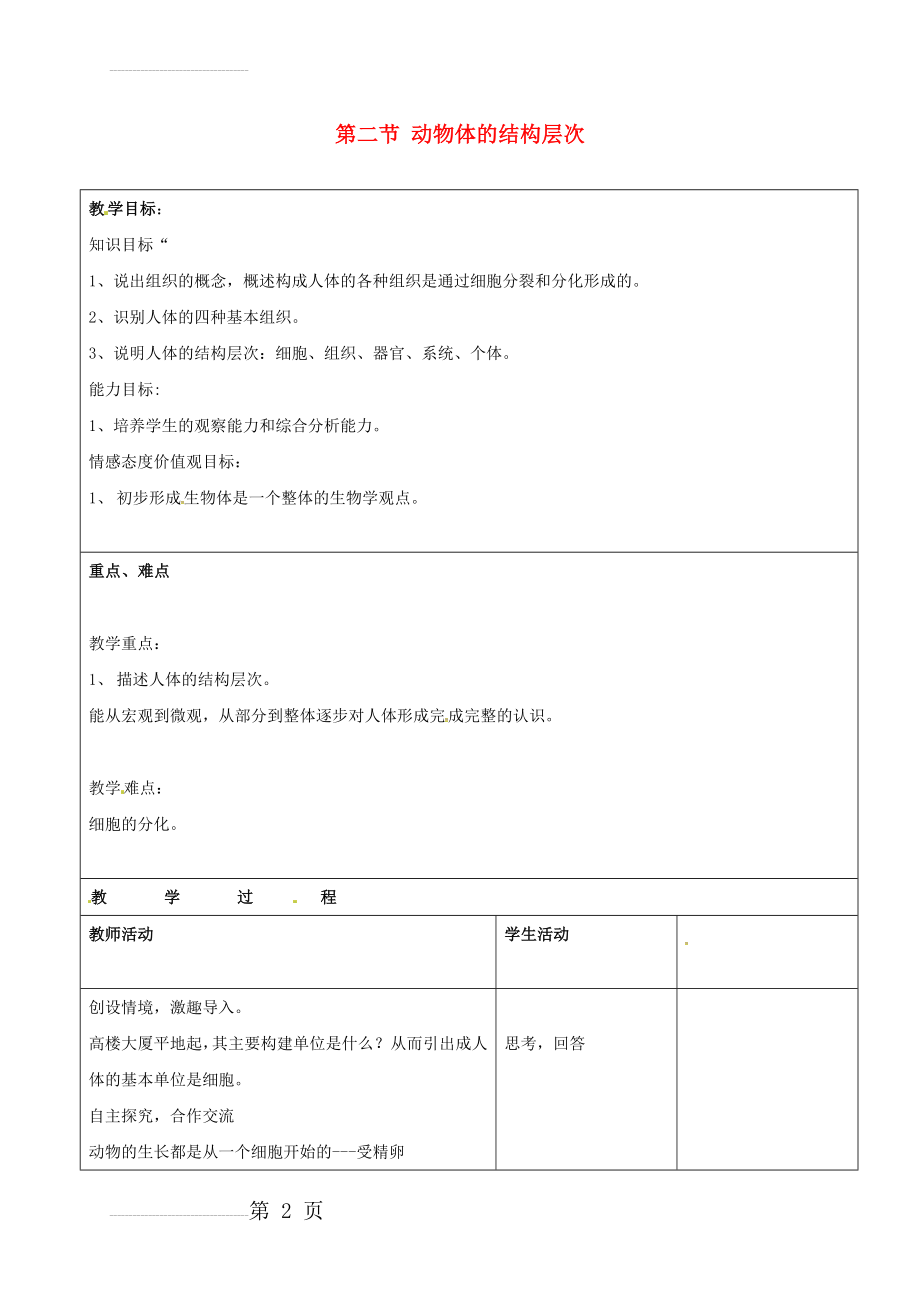 七年级生物上册 2_2_2 动物体的结构层次教案 （新版）新人教版(5页).doc_第2页