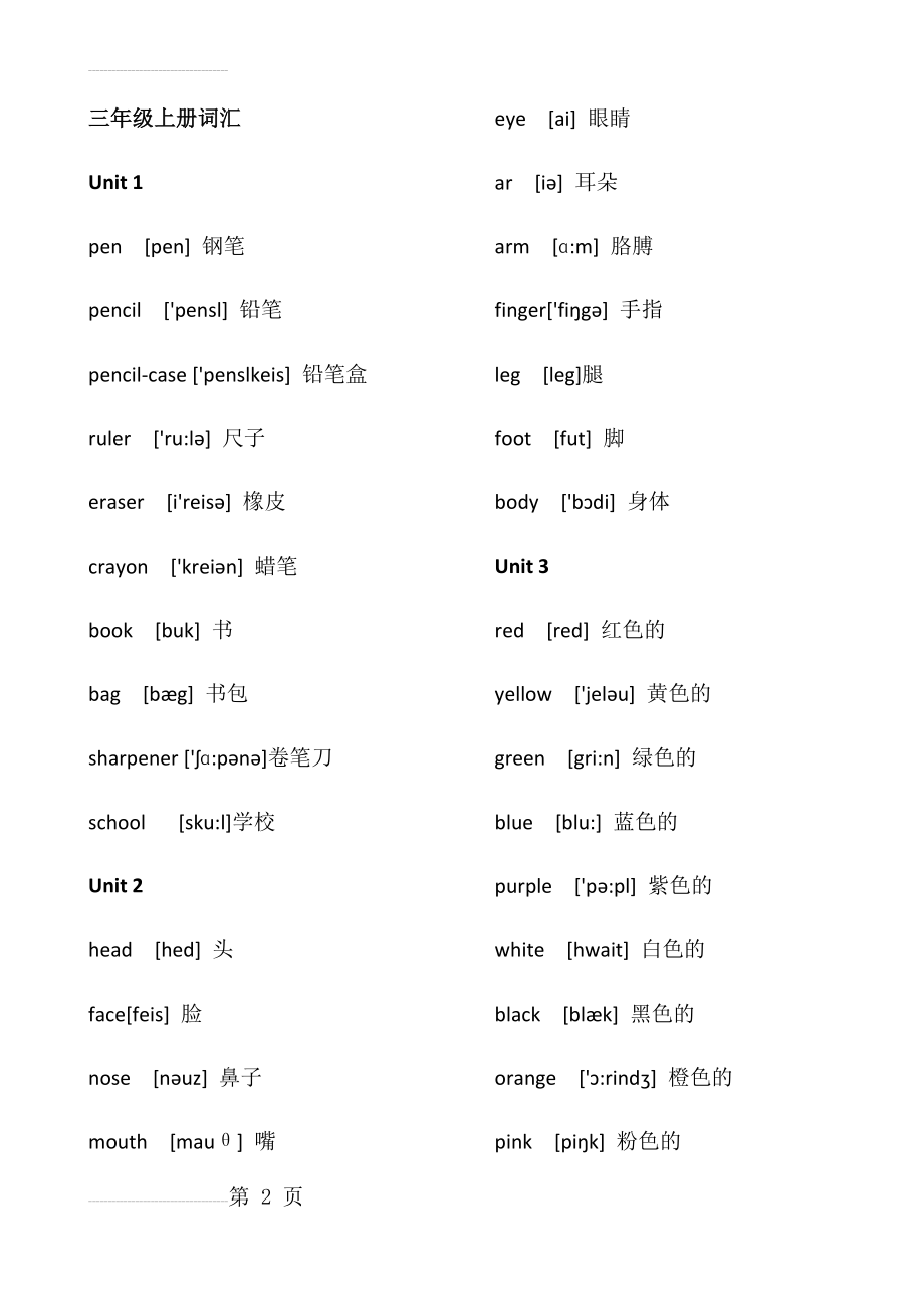 人教版三年级上册英语单词词汇带音标(4页).doc_第2页