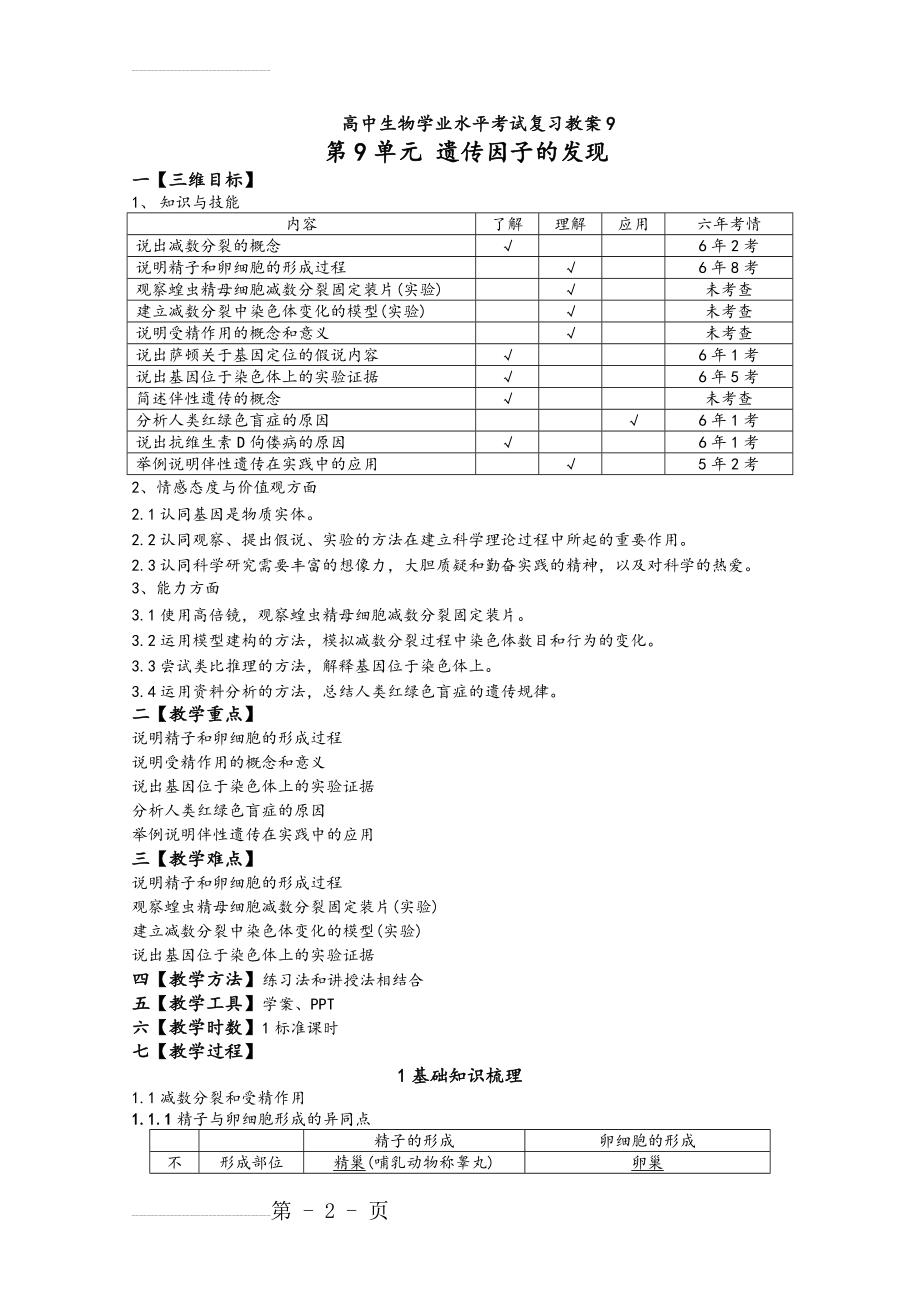 人教版高中生物学业水平考试复习教案_第9单元 遗传因子的发现(6页).doc_第2页