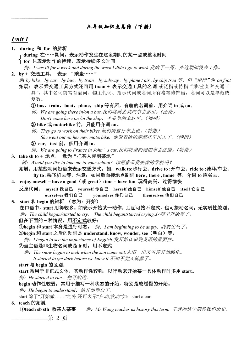 人教精通版六年级第一单元知识点总结(4页).doc_第2页