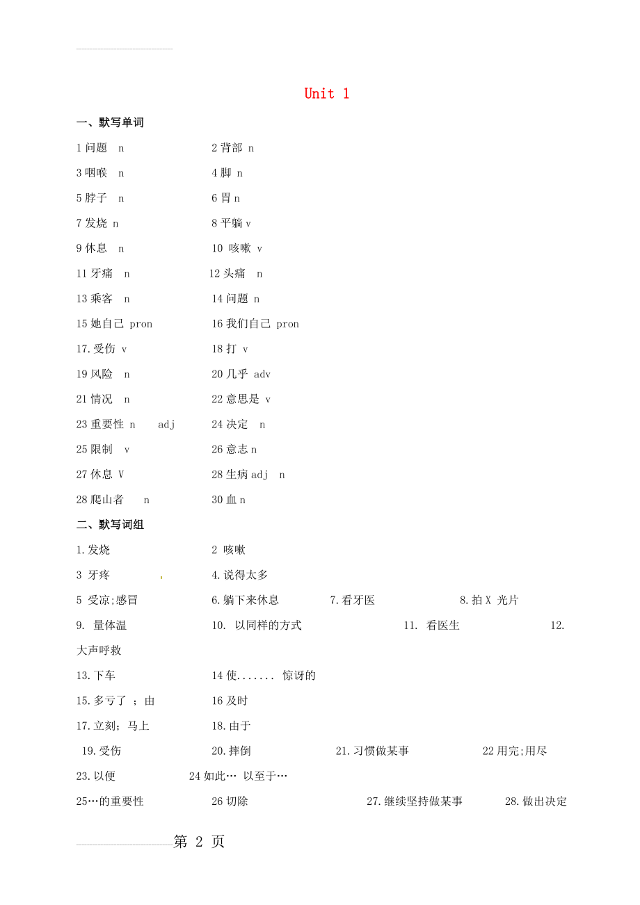 八年级英语下册 Unit 1 What’s the matter复习（无答案）（新版）人教新目标版(7页).doc_第2页