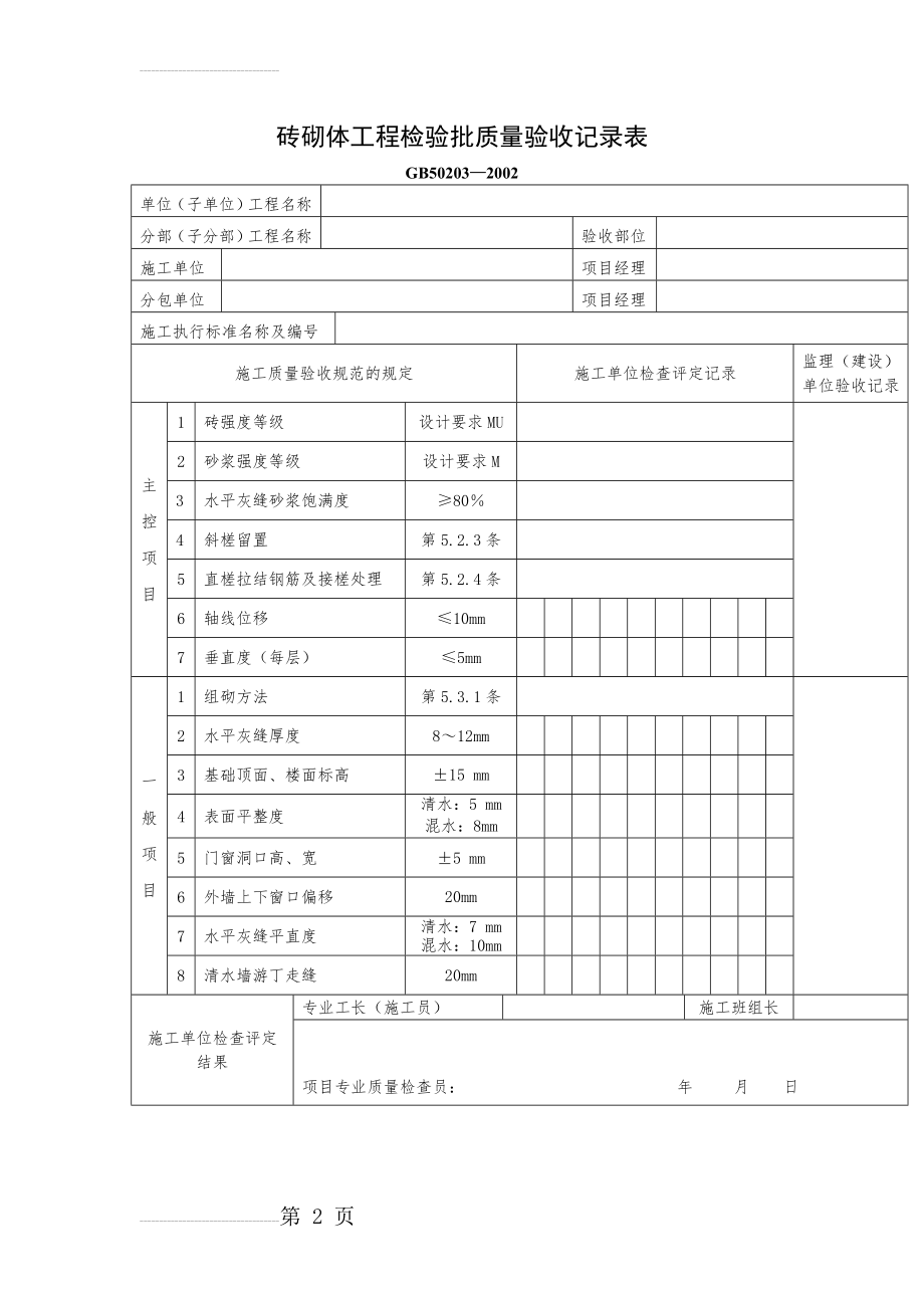 砖砌体工程检验批质量验收记录表85945(3页).doc_第2页