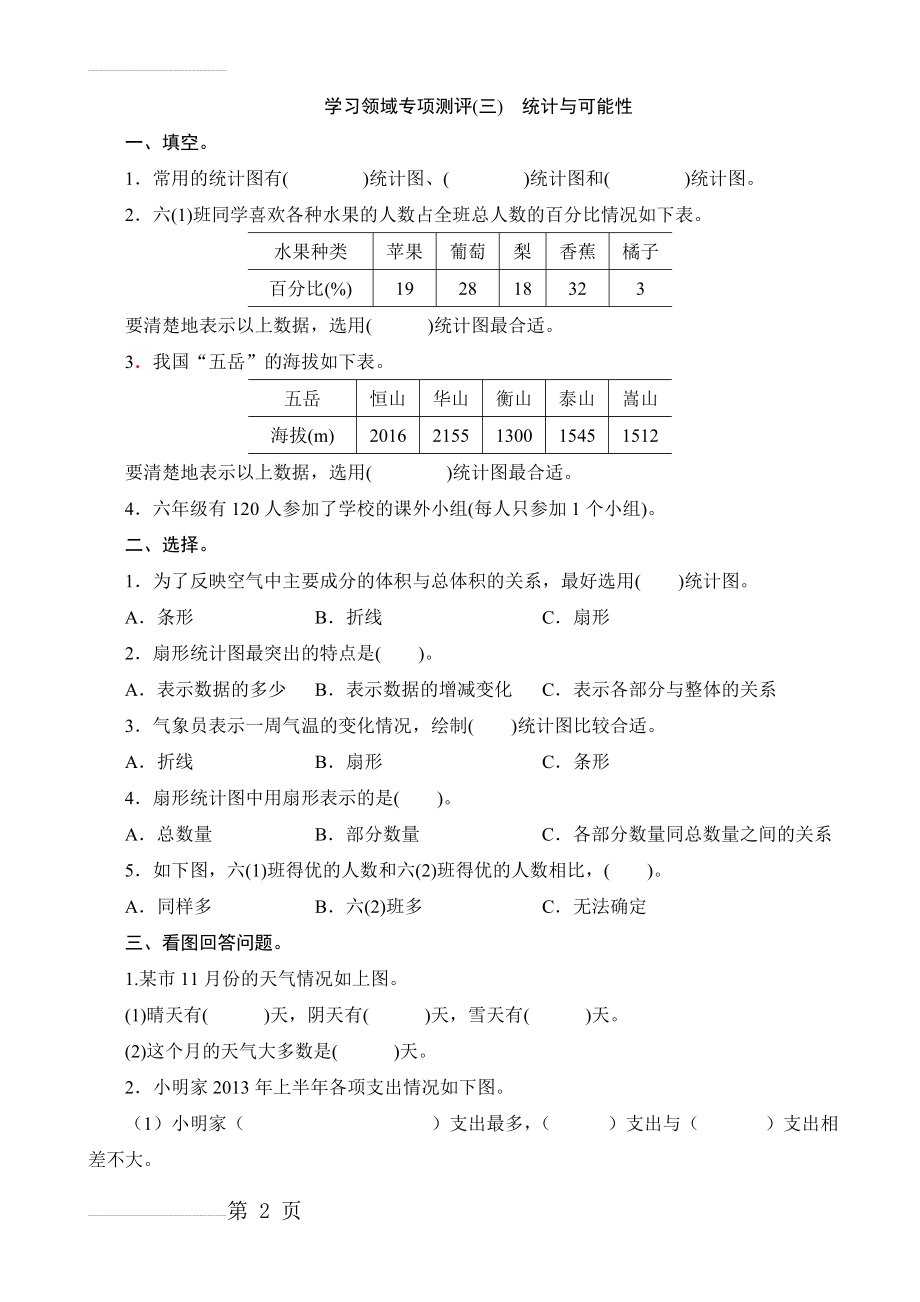 六年级数学上册专项测评(三) 统计与可能性(4页).doc_第2页