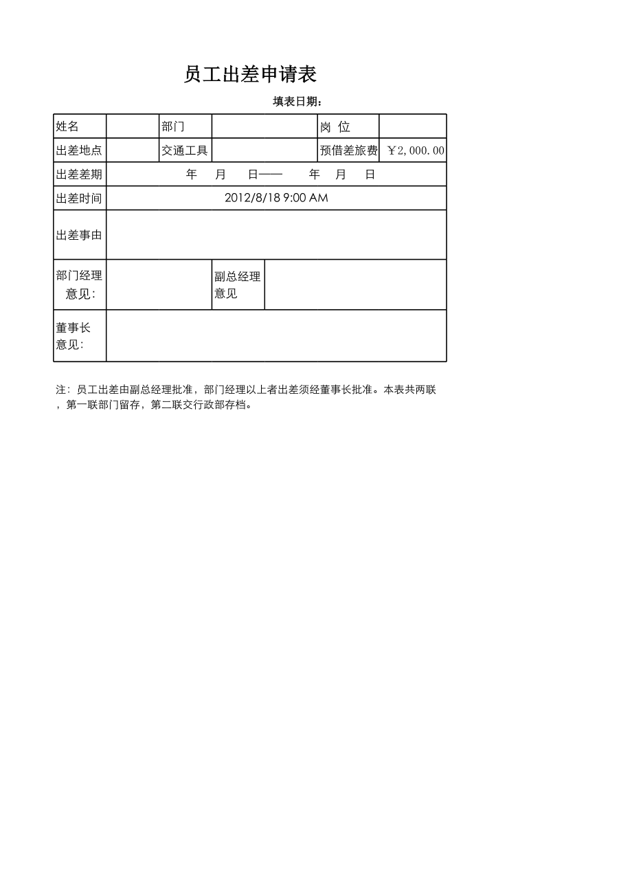 人力资源部HR人事表格员工出差申请表.xlsx_第1页