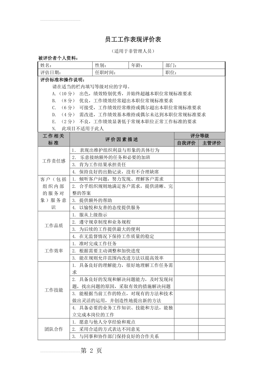 员工工作表现评价表88220(4页).doc_第2页