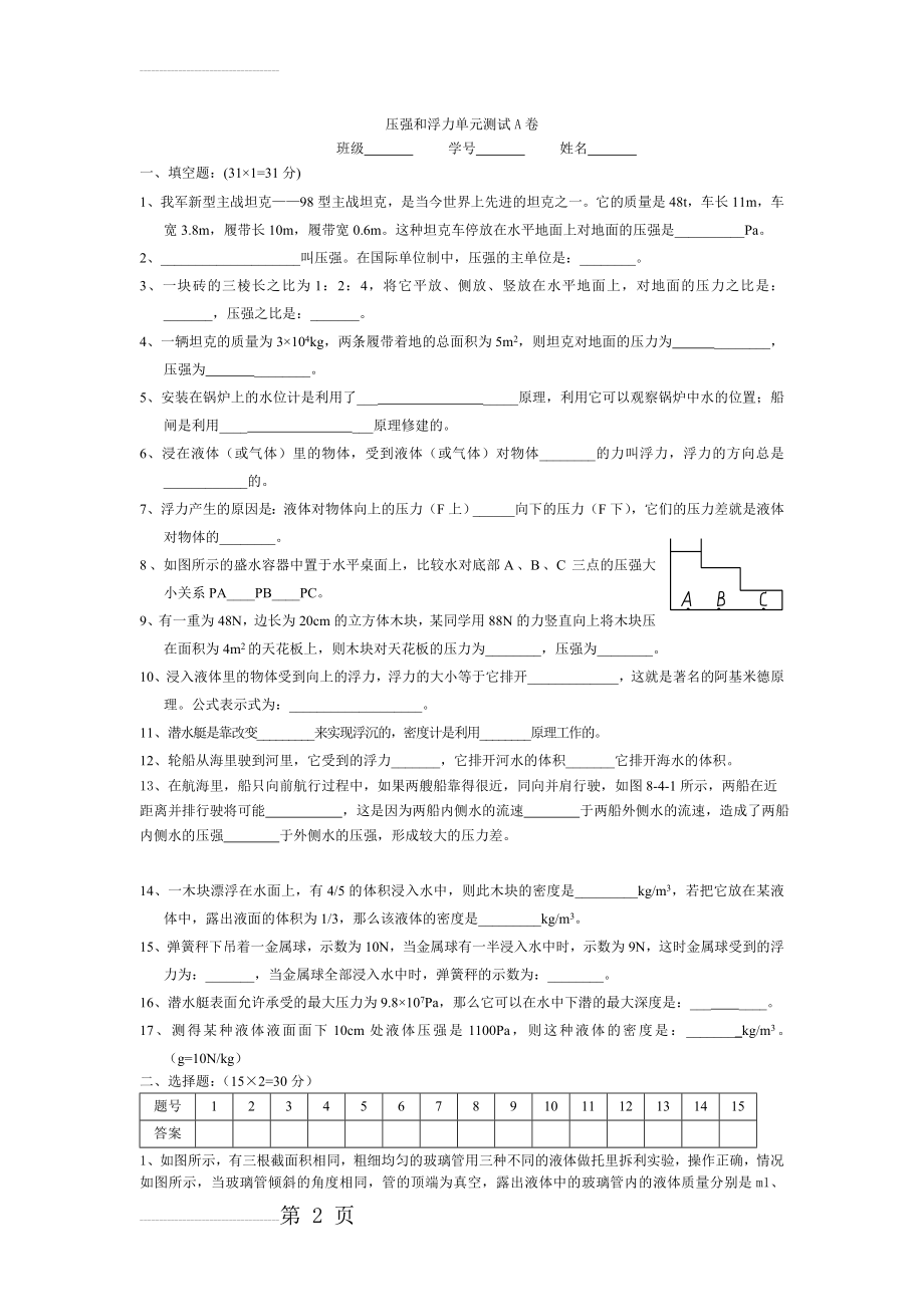 压强和浮力单元测试A卷(4页).doc_第2页