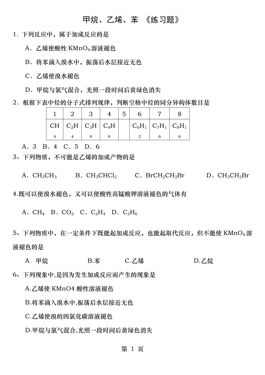 甲烷、乙烯、苯 《练习题》.doc_第1页