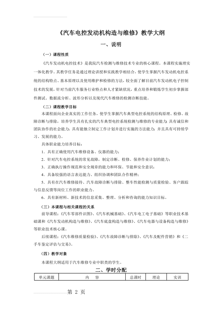 汽车电控发动机构造与维修教学大纲(中职)(11页).doc_第2页