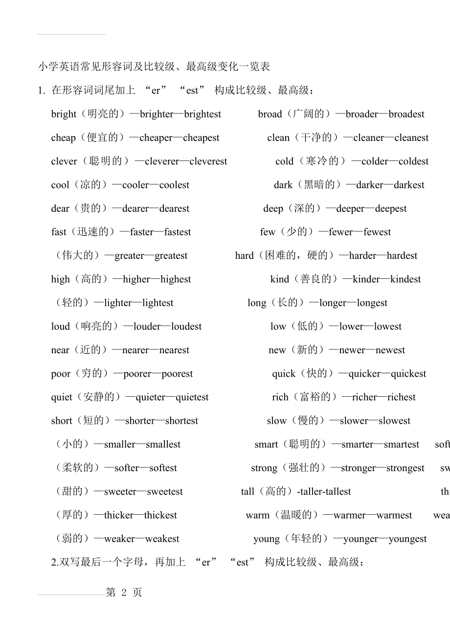 小学英语常见形容词及比较级、最高级变化一览表(10页).doc_第2页