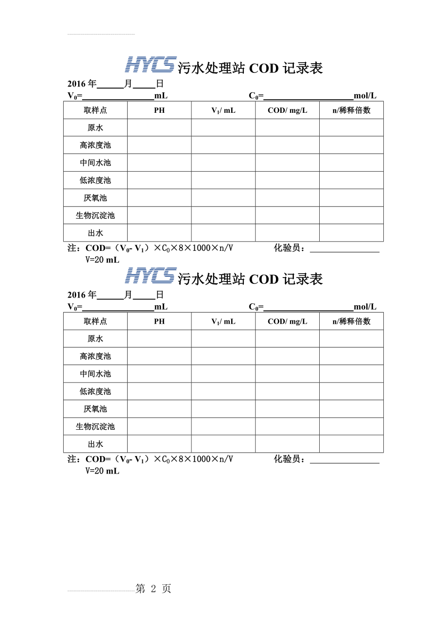 污水处理站COD化验数据记录表(2页).doc_第2页