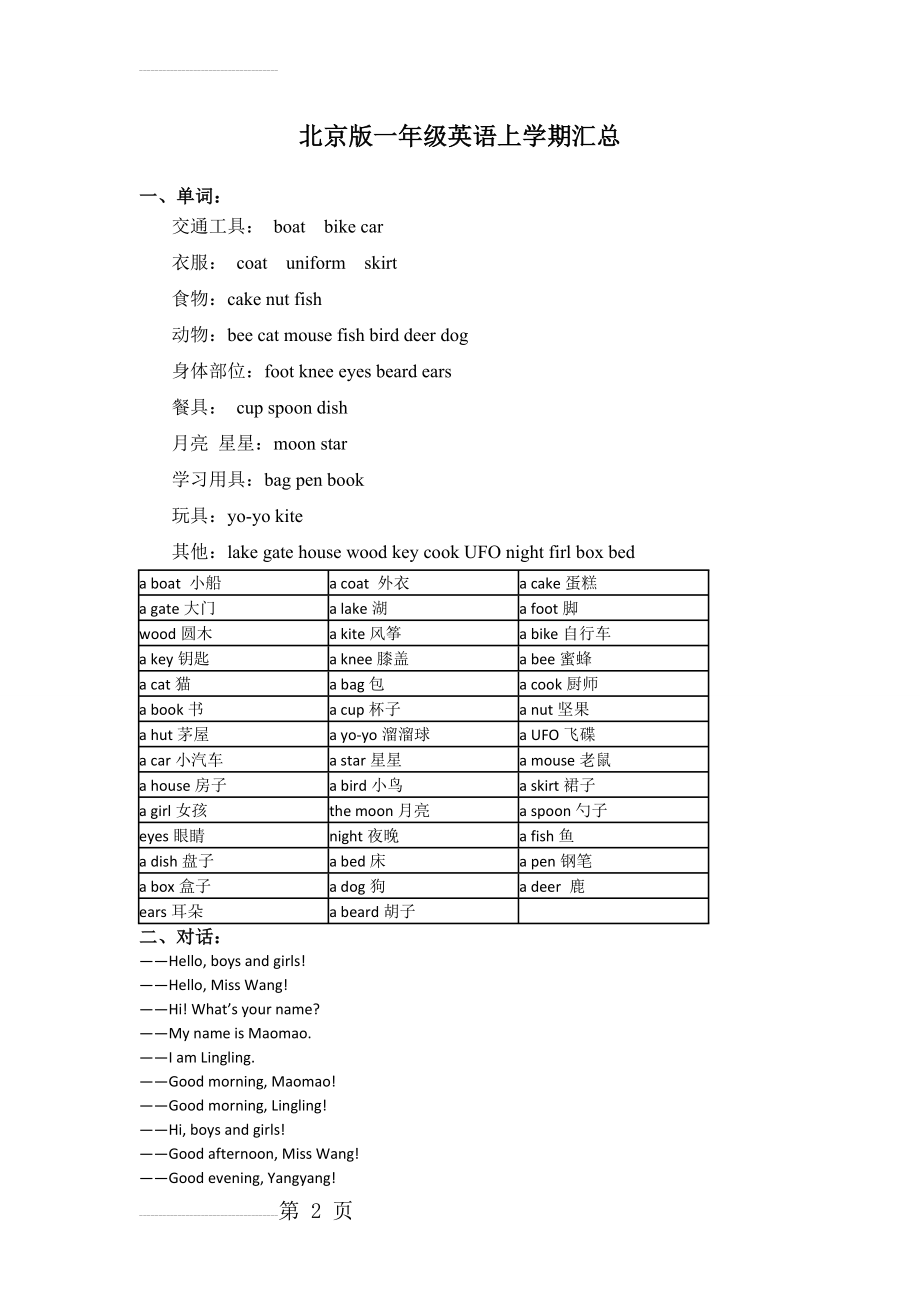 北京版一年级英语上下学期知识点汇总(6页).doc_第2页