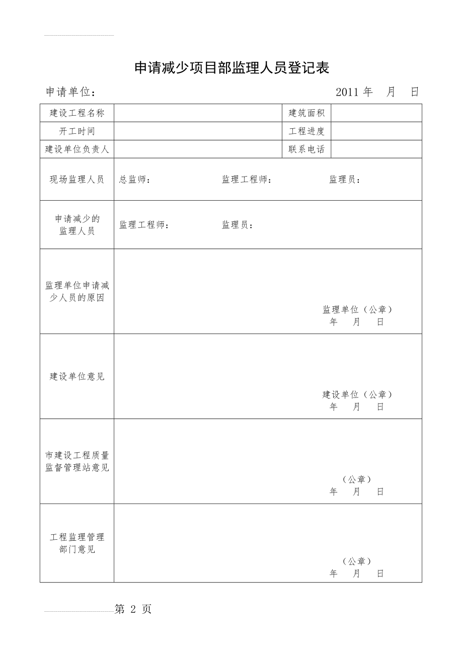 申请减少项目部监理人员登记表(2页).doc_第2页