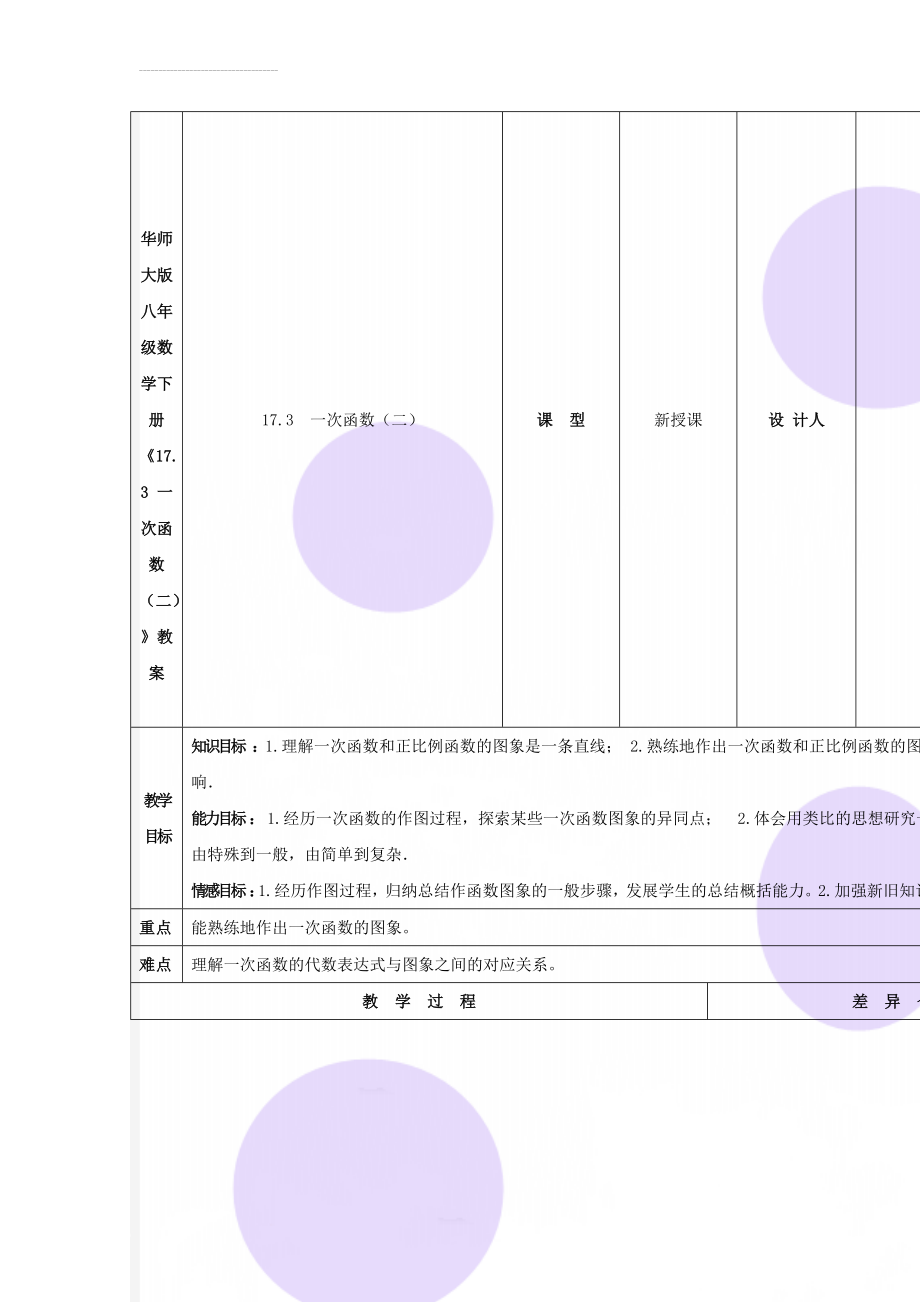 华师大版八年级数学下册《17.3 一次函数（二）》教案(4页).doc_第1页