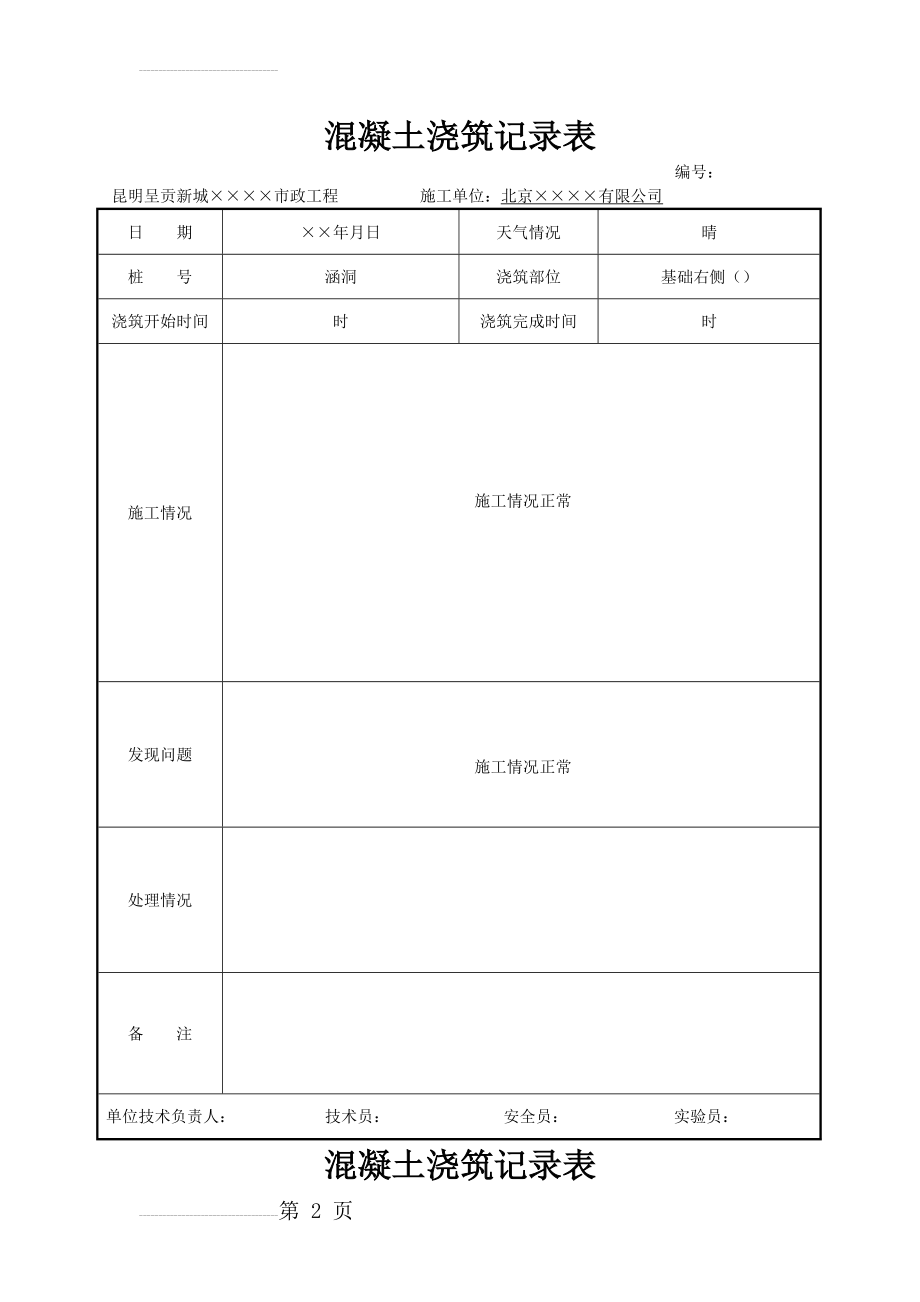 混凝土浇筑记录表(10页).doc_第2页