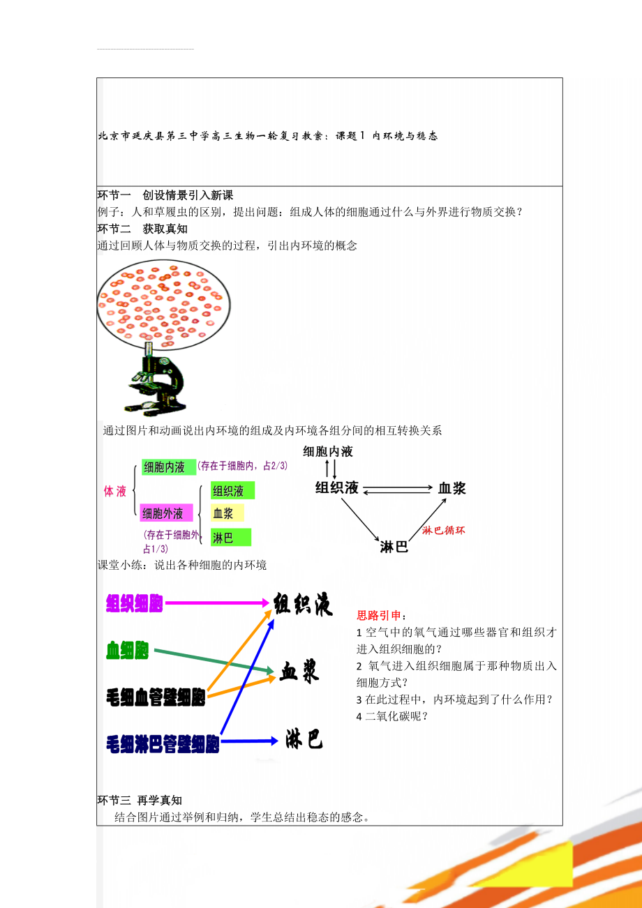 北京市延庆县第三中学高三生物一轮复习教案：课题1 内环境与稳态(3页).doc_第1页