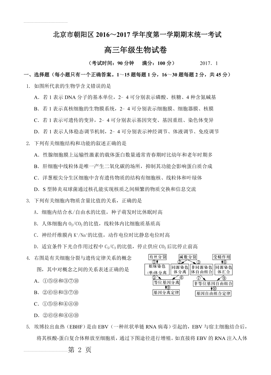 北京市朝阳区高三上学期期末统一考试生物试题（Word版含答案）(14页).doc_第2页